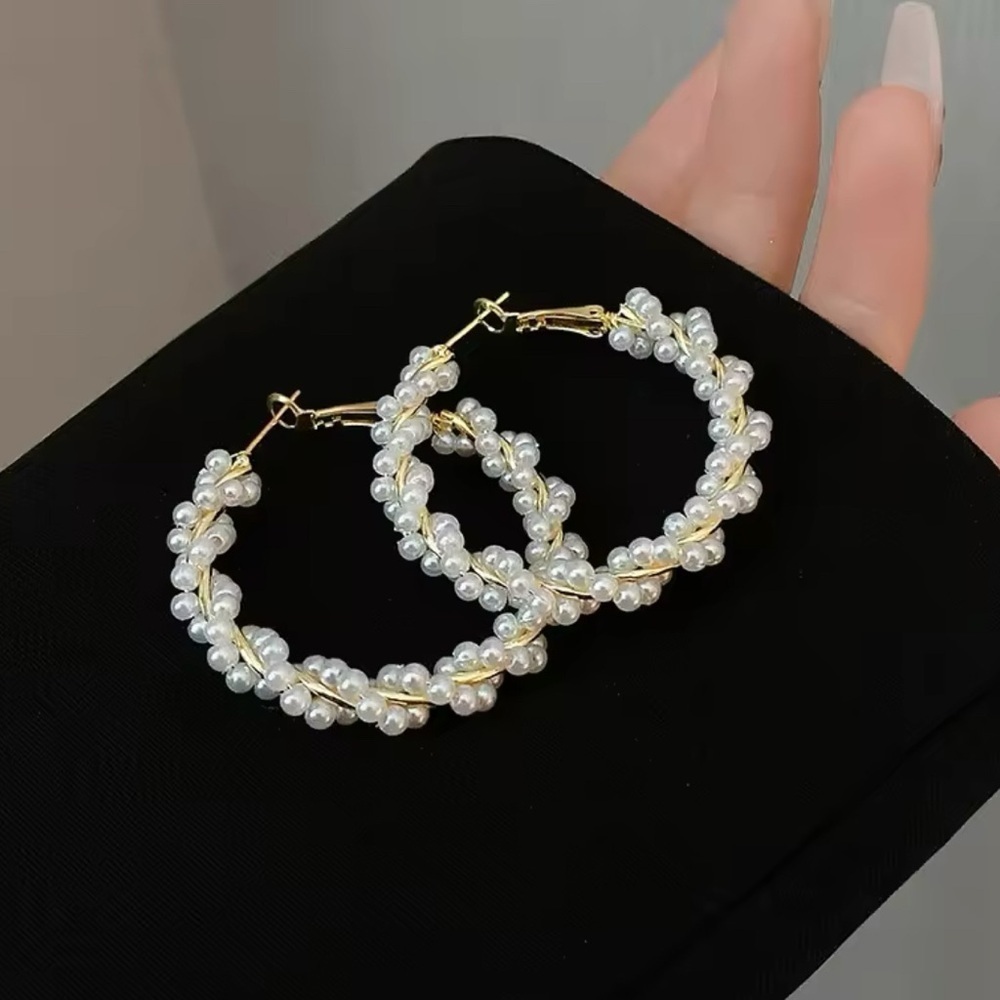 18K Gold Hoop Earrings Faux Pearl Wrapped Oversized Big Hoop